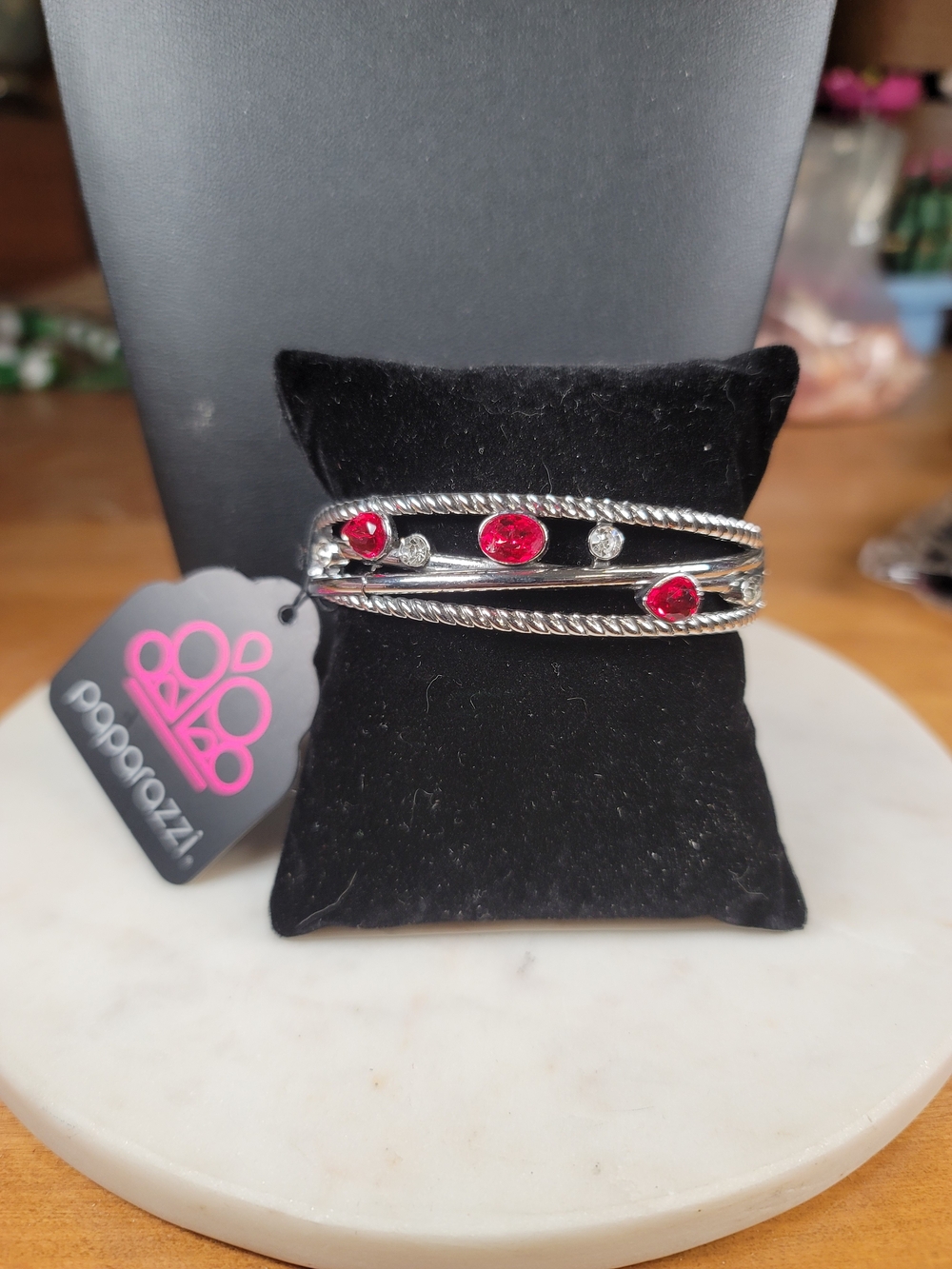 Paparazzi Red Crystal Multi-Row Silver Hinge Bangle Bracelet